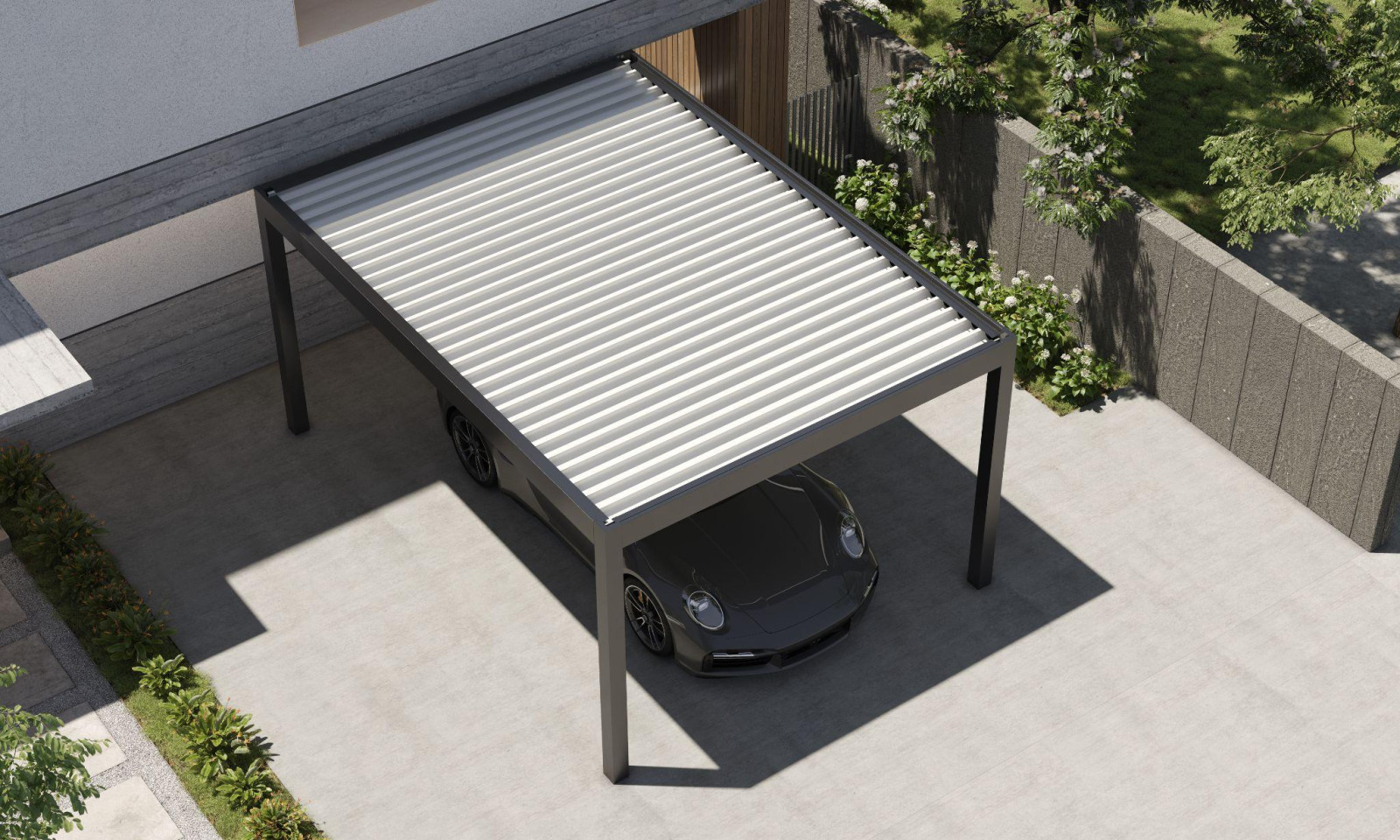 A parked car is sheltered under a modern gray pergola by Palmiye Global, providing shade and protection.