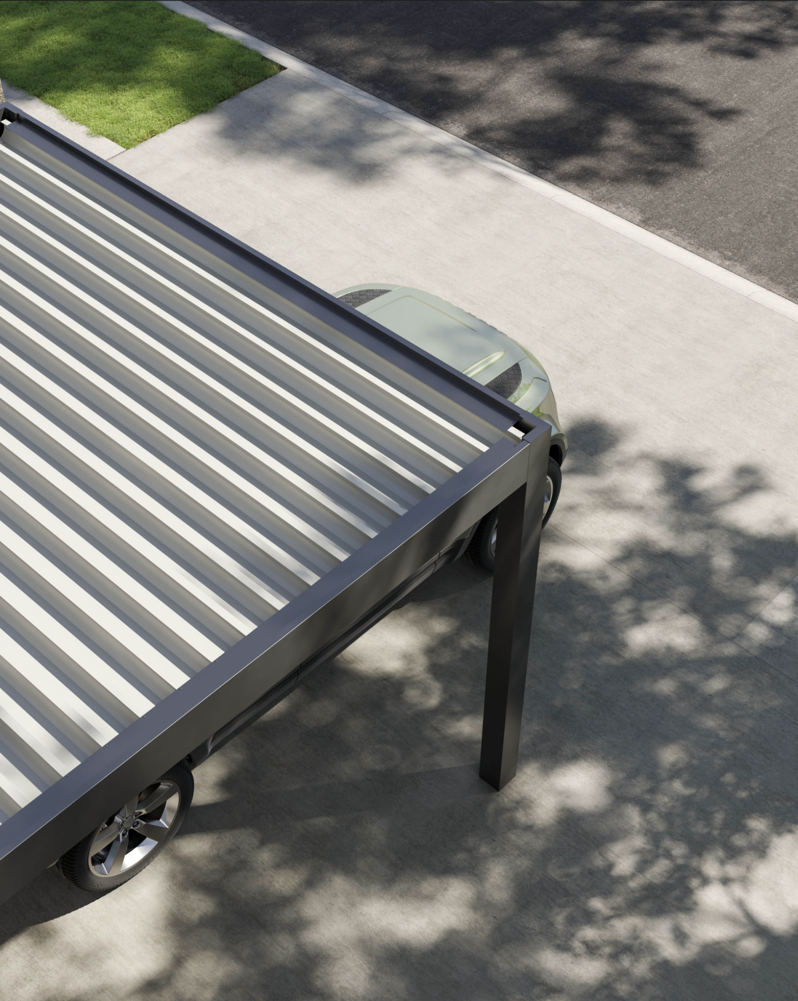 A car situated under a sleek carport, crafted by Palmiye Global Firm, exemplifying modern design and functionality.