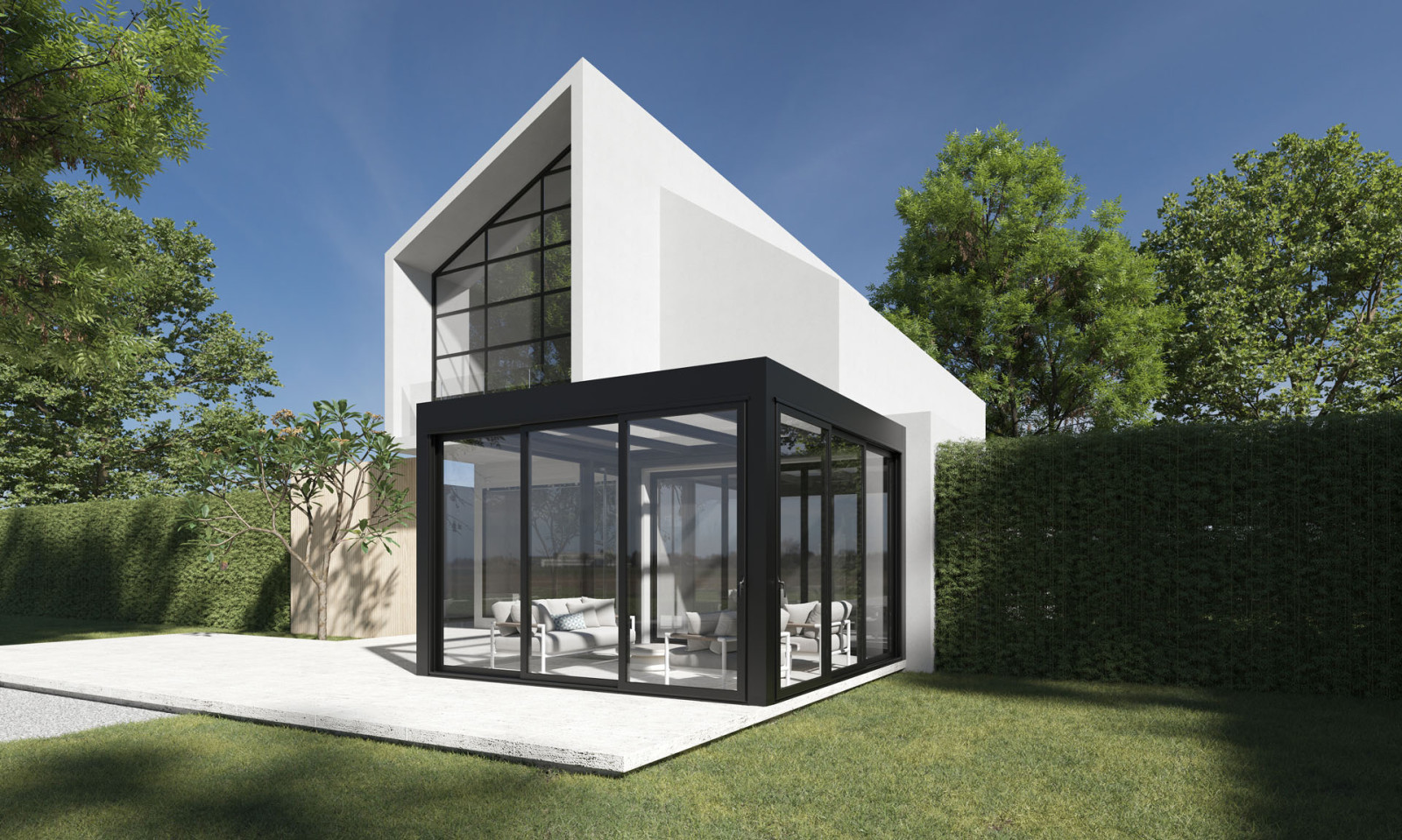 Year round winter garden with sliding glass façades integrated into a modern home